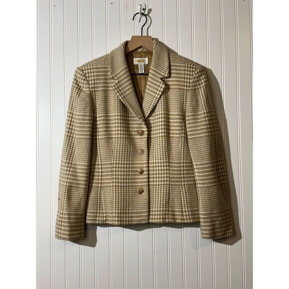 Talbots Wool Cashmere Angora Blazer Jacket 12P Brown Houndstooth Academia Y2K - Picture 1 of 8